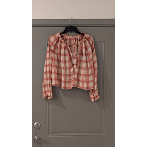 Women's Free People Coral White Plaid Blouse M